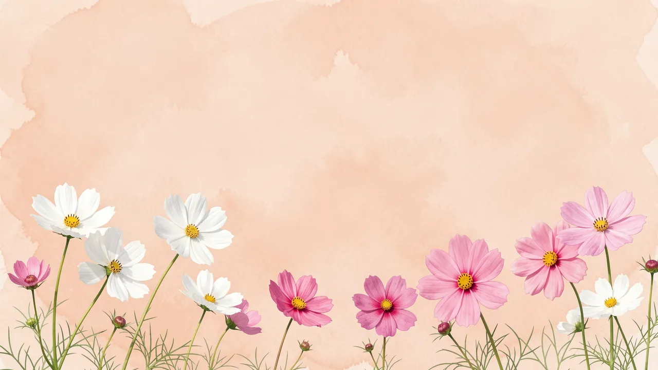 White and pink cosmos flowers line the bottom edge of a soft peach watercolor background with empty upper copy space