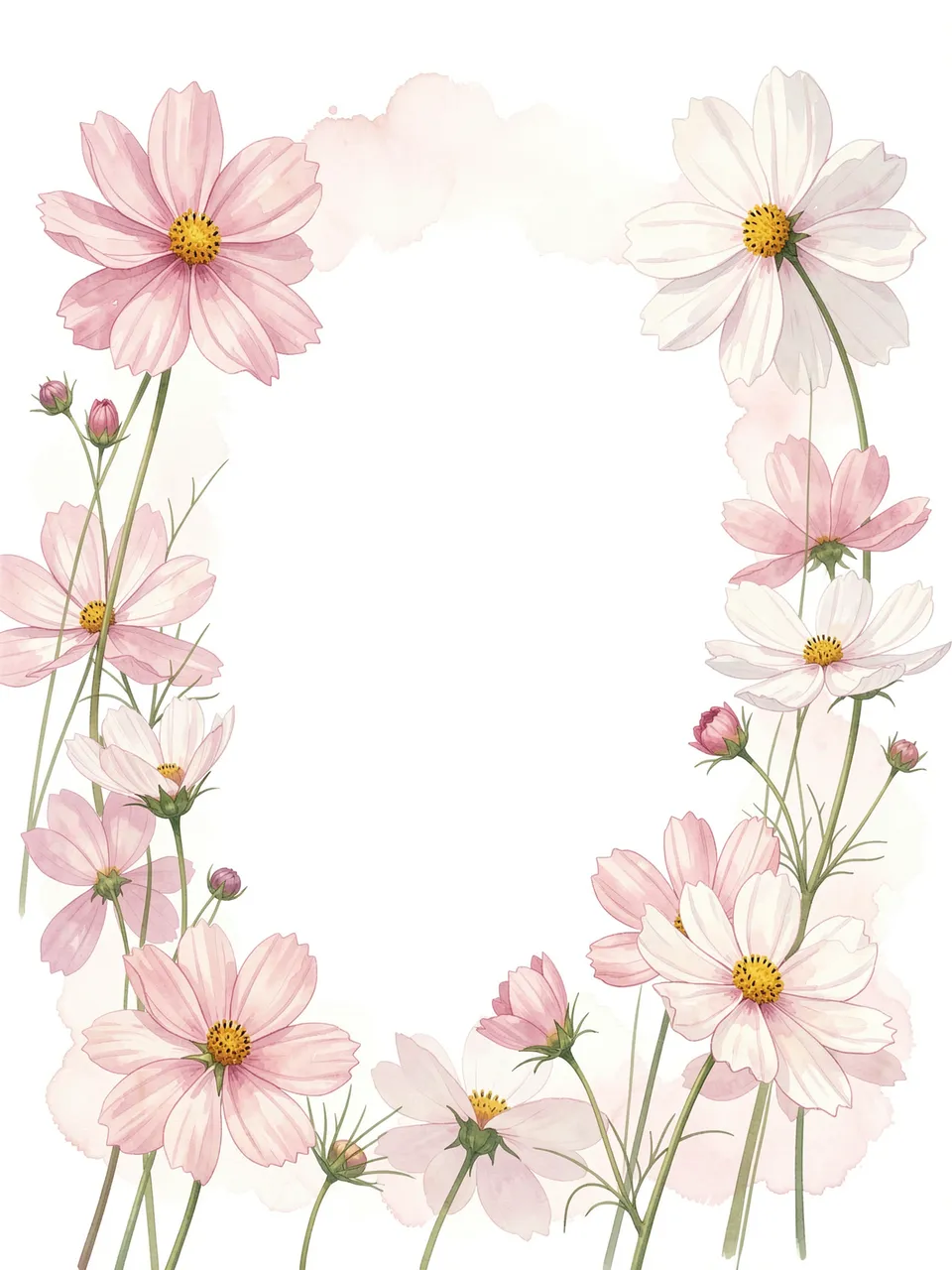 Delicate pale pink and white cosmos flowers form a border around a blank white center on a soft watercolor background