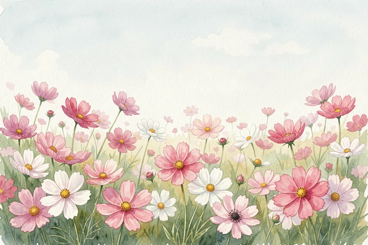 Soft watercolor illustration of pink and white cosmos flowers under a pale cloudy sky