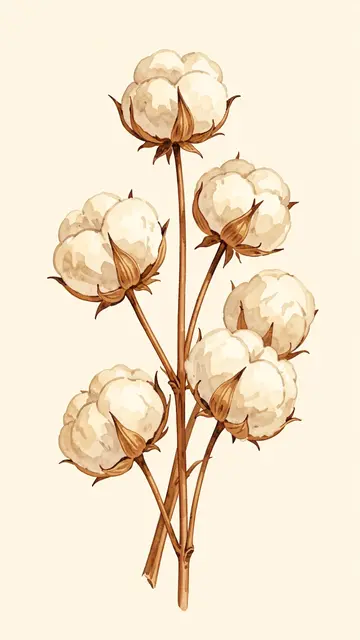A vertical watercolor illustration of dried cotton bolls on stems against a warm cream background