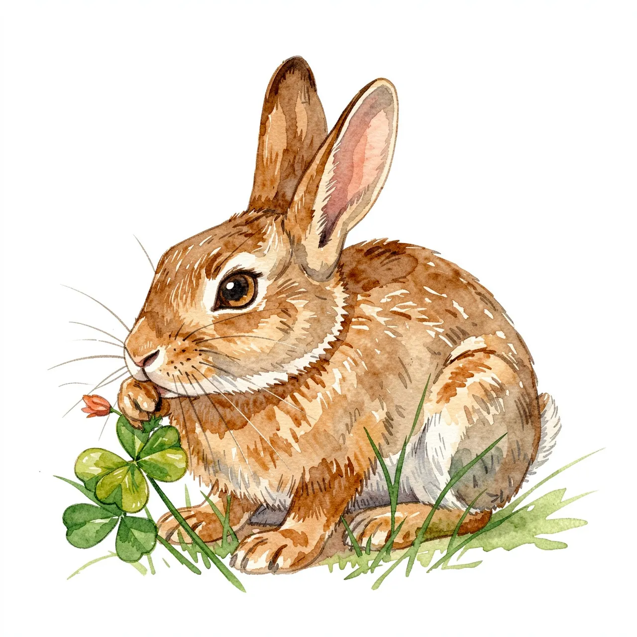 A brown cottontail rabbit holds and nibbles clover against a plain white background in watercolor style