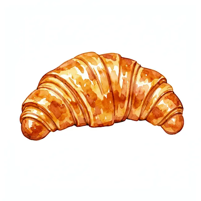 Hand-painted watercolor illustration of a golden brown croissant set against a plain white background