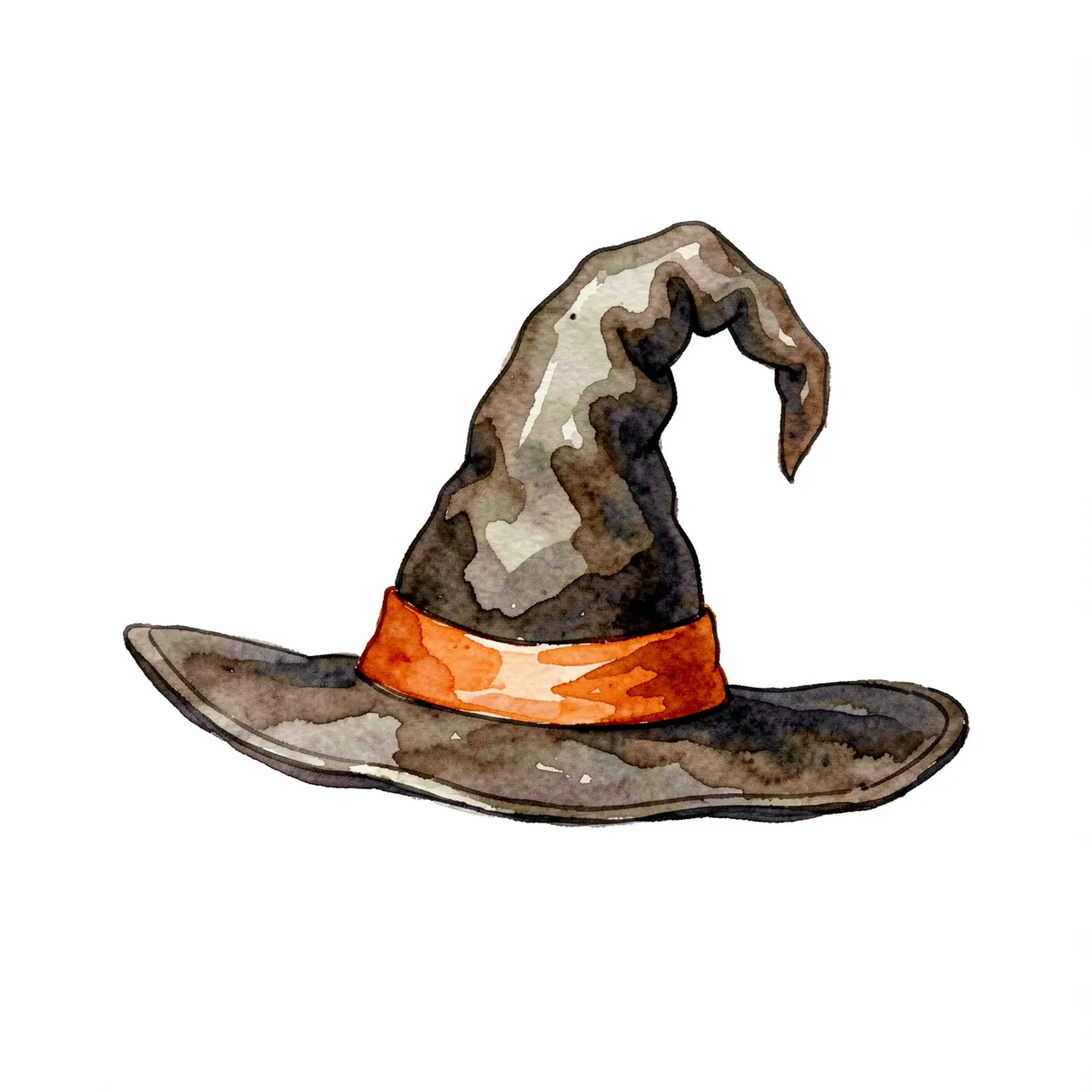 A watercolor illustration of a crooked witch hat with a bent tip and orange ribbon on a plain white background