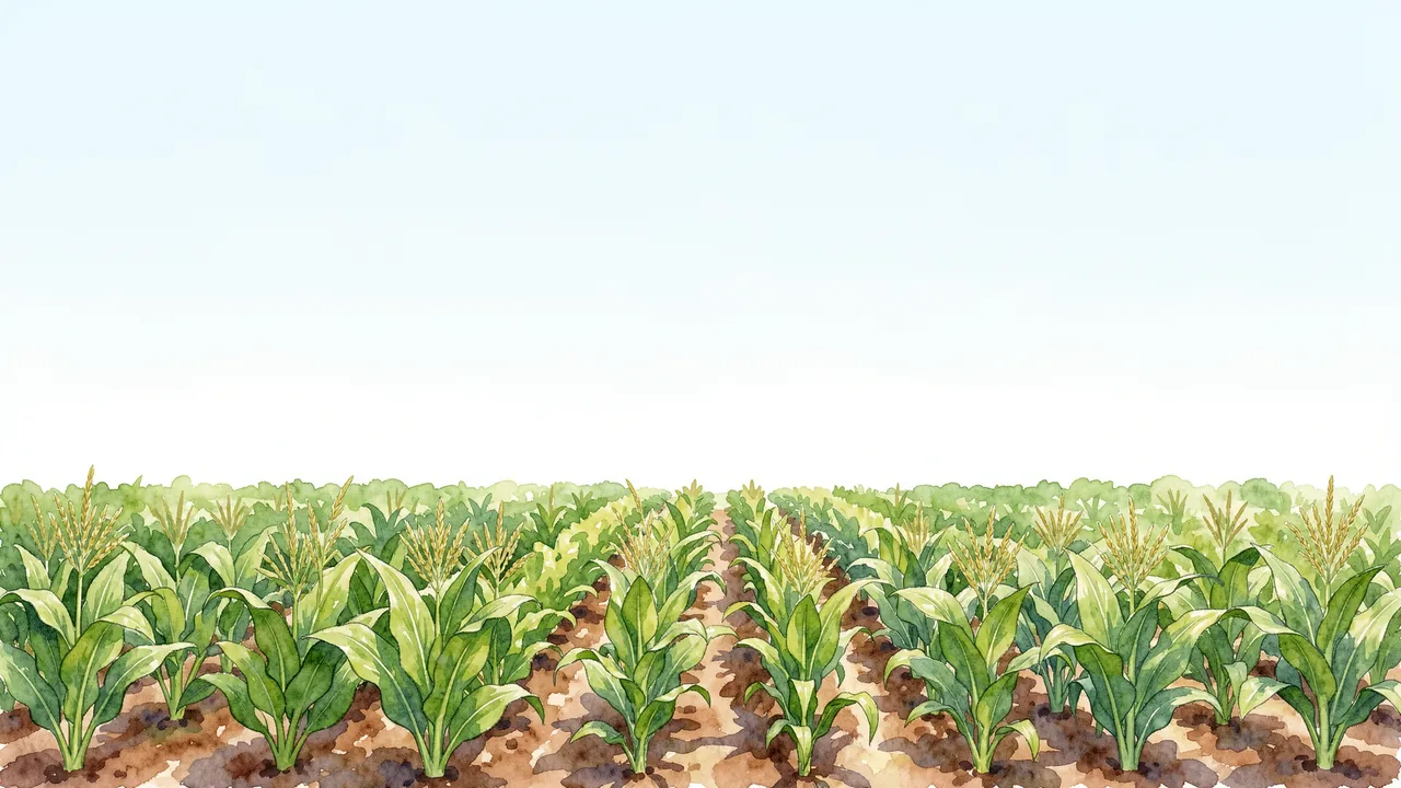 Rows of green cultivated crop plants line the bottom of a frame, with empty pale sky above for presentation copy space