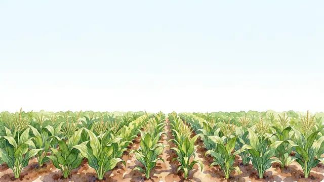 Rows of green cultivated crop plants line the bottom of a frame, with empty pale sky above for presentation copy space