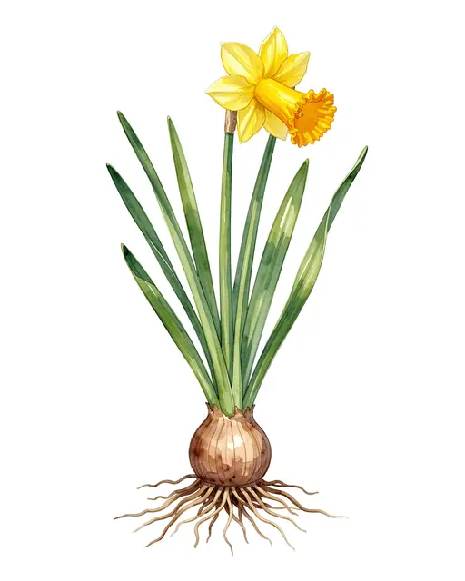 Watercolor illustration of a full daffodil plant including bulb, roots, leaves and nodding yellow flower against a plain