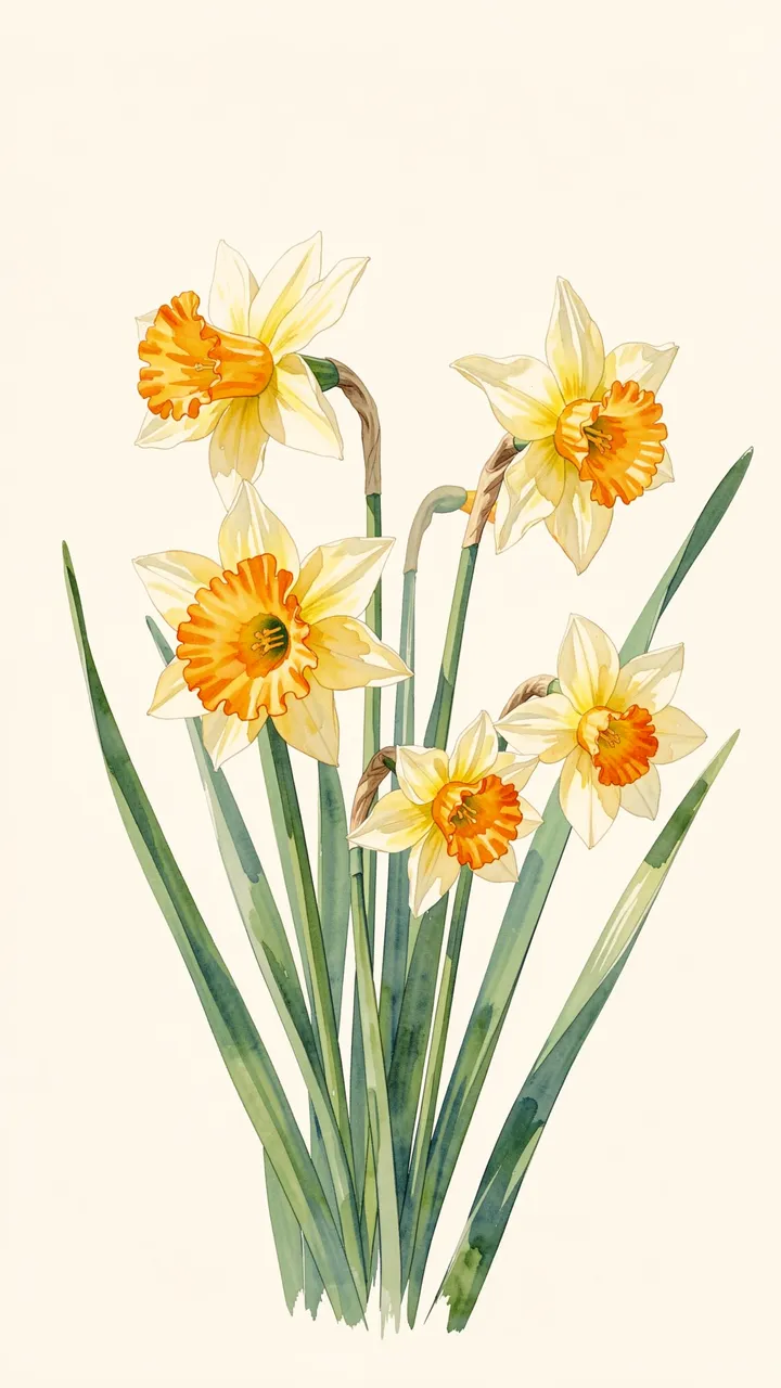 A soft watercolor illustration of nodding daffodils arranged on a pale cream background.
