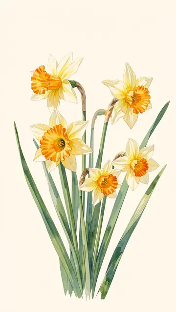 A soft watercolor illustration of nodding daffodils arranged on a pale cream background.