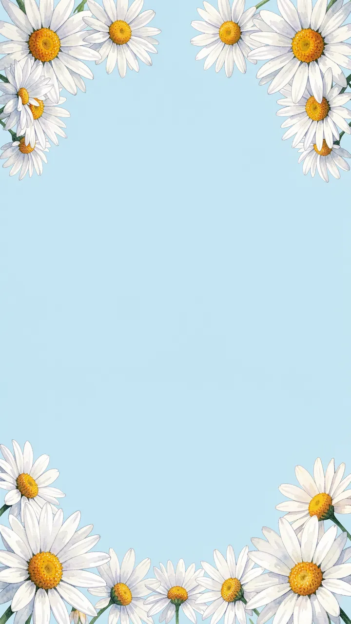 Watercolor daisy clusters frame the top and bottom corners of a solid pale blue empty vertical background