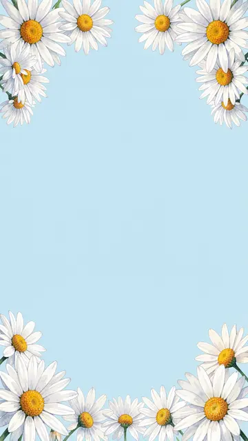 Watercolor daisy clusters frame the top and bottom corners of a solid pale blue empty vertical background