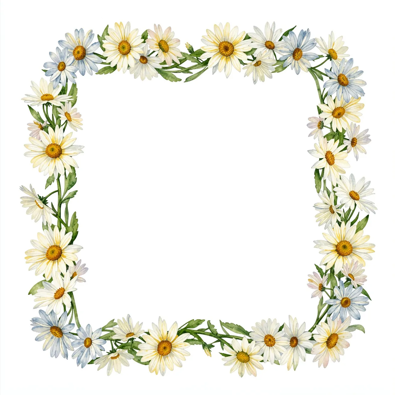 A square decorative frame of watercolor daisies and green stems borders a plain white empty center.