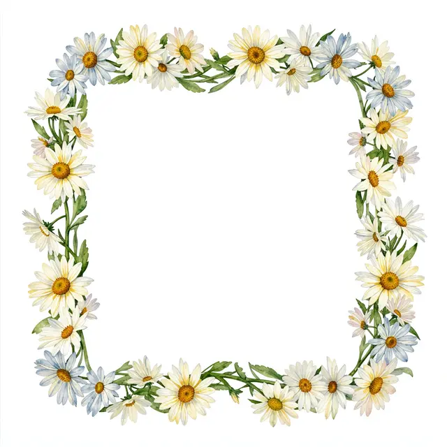 A square decorative frame of watercolor daisies and green stems borders a plain white empty center.