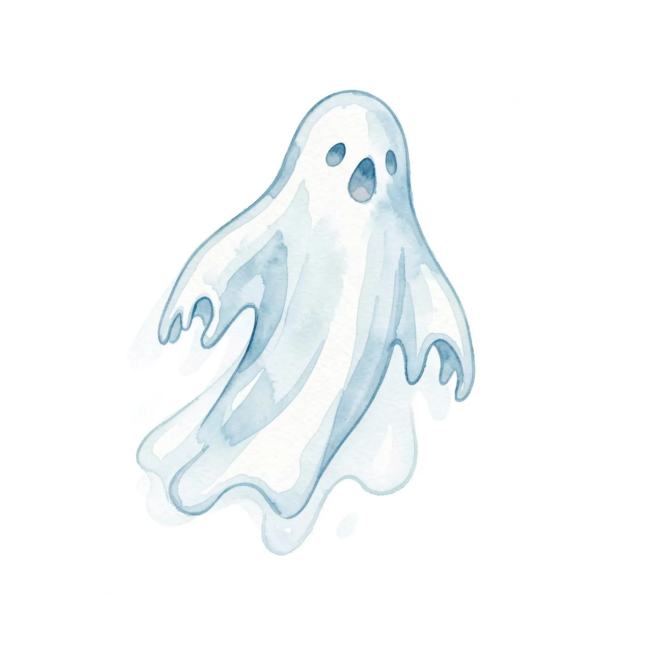 A translucent pale blue watercolor ghost floats against a plain white background.