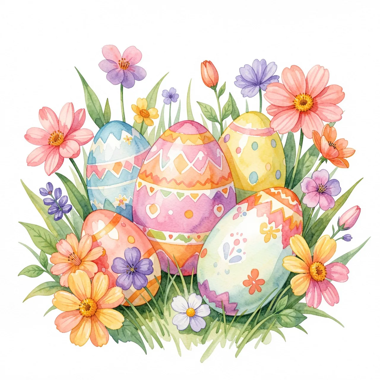 Hand-painted watercolor illustration of decorated Easter eggs surrounded by spring blooms and grass on a plain white