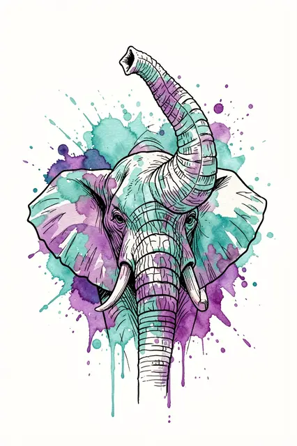 Line art elephant head with raised trunk over turquoise and purple watercolor splatters on a white background