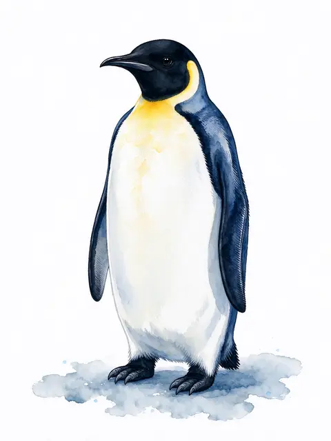 A watercolor illustration of an emperor penguin standing on soft blue-grey wash against a white background