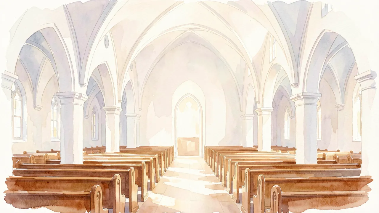Soft watercolor illustration of a sunlit empty church interior with white arches and wooden pews