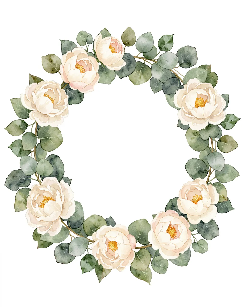 A delicate circular watercolor wreath of eucalyptus leaves and pale peonies frames an empty white center
