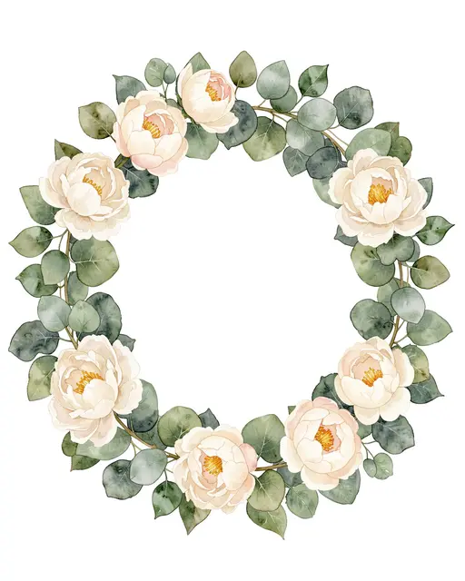 A delicate circular watercolor wreath of eucalyptus leaves and pale peonies frames an empty white center