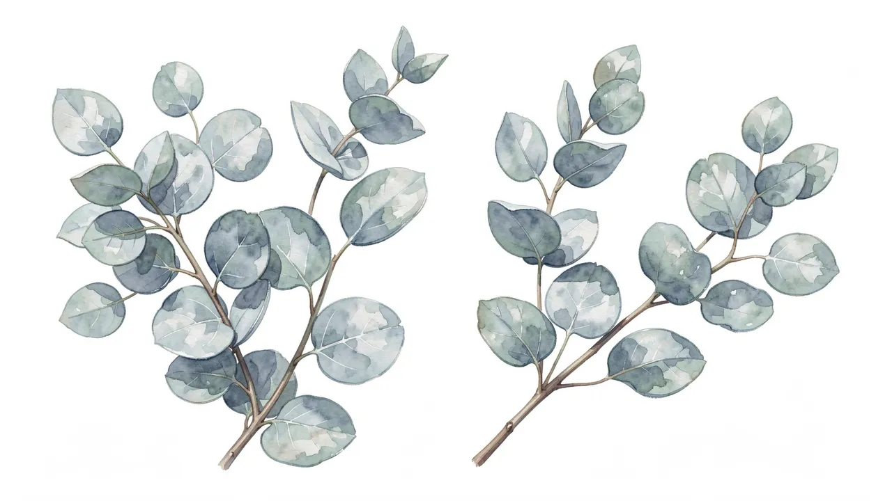 Two hand-painted watercolor eucalyptus sprigs with silvery-blue round leaves on a plain white background