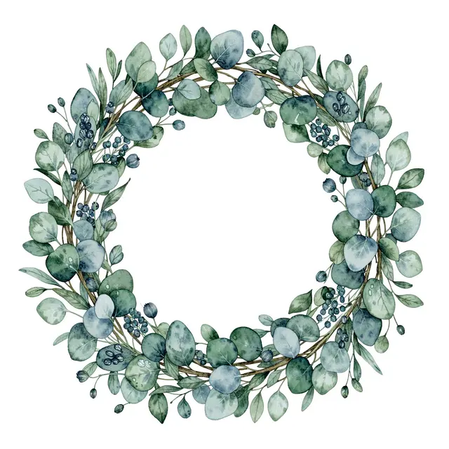 A delicate watercolor circular eucalyptus wreath with an empty center against a plain white background