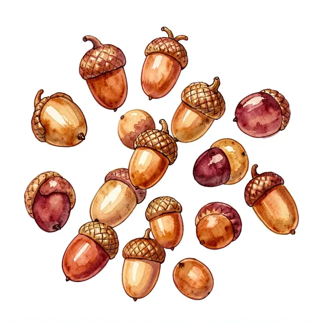 A scattered arrangement of painted acorns and loose acorn caps on a plain white background