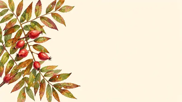 Curving watercolor fall leaves and bright rose hips sit along the left edge with empty warm cream space on the right