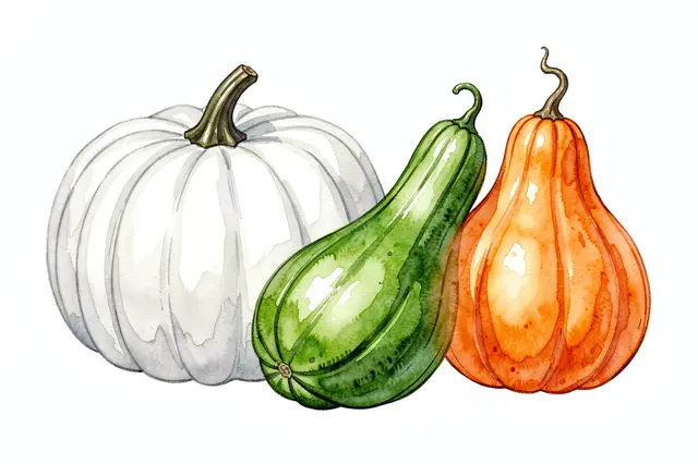 Three watercolor painted produce: a white pumpkin, green squash, and orange gourd sit arranged on a plain white background
