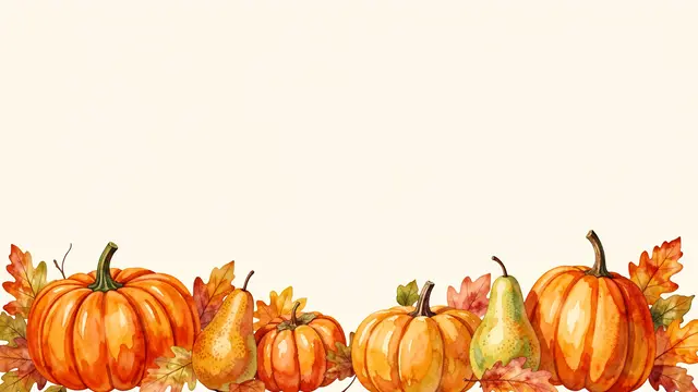 A watercolor border of pumpkins, pears and autumn leaves lines the bottom of an empty cream background