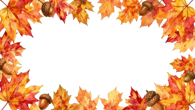 Watercolor autumn maple leaves and acorns form a border around empty white copy space