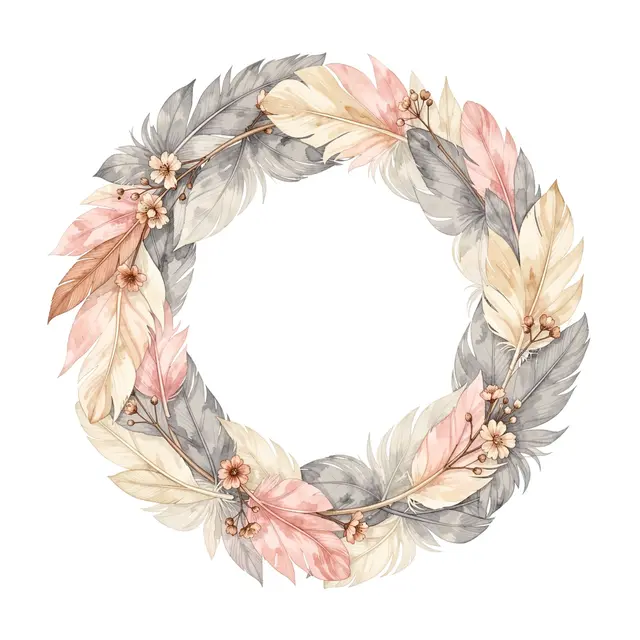 Circular watercolor wreath of gray, cream, blush feathers and small dried flowers on a plain white background