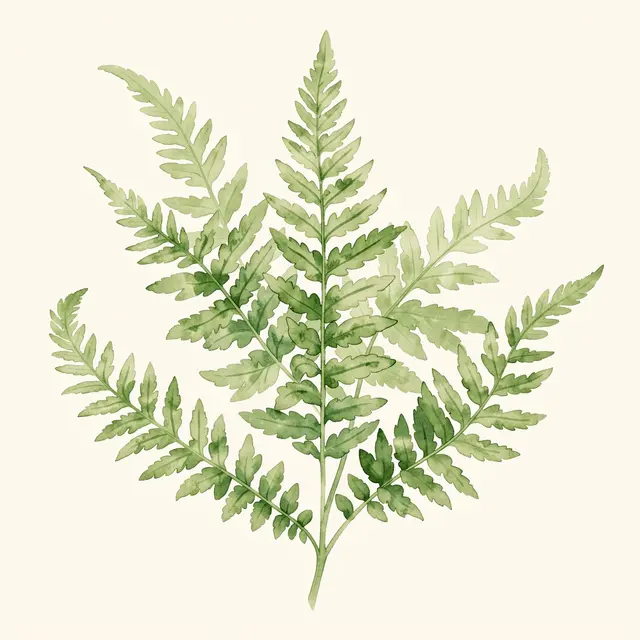 Delicate watercolor painted green fern frond against a pale cream background