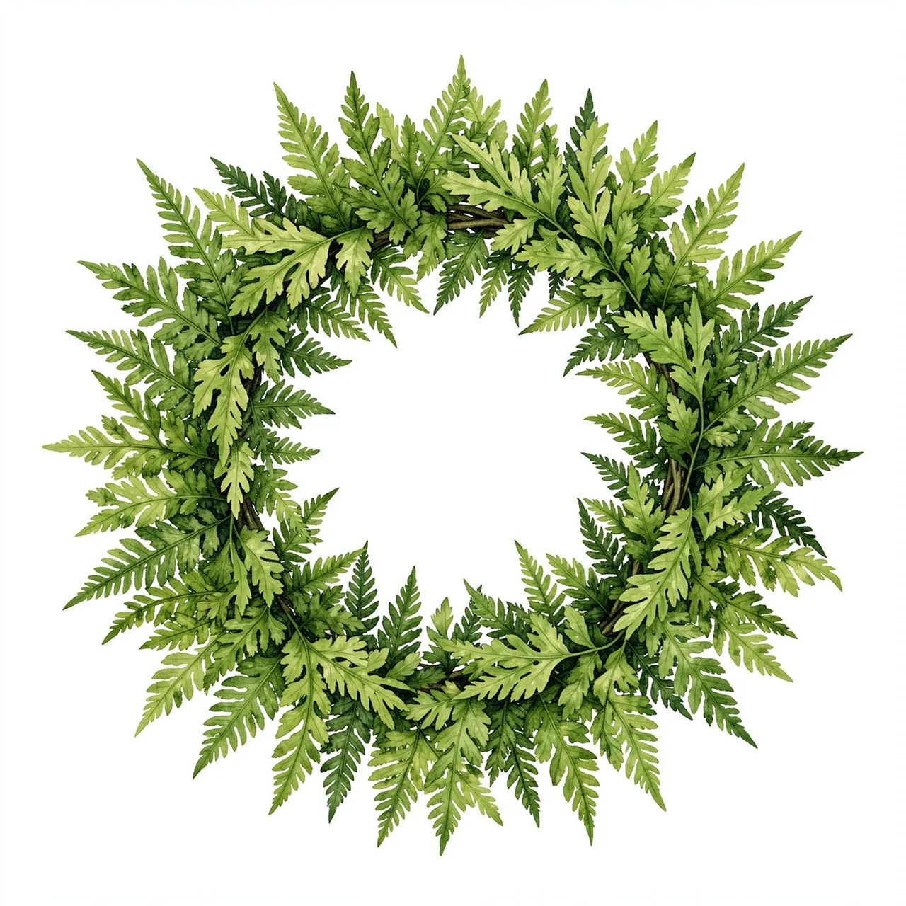 A circular botanical watercolor wreath of mixed fresh green ferns on a plain white background