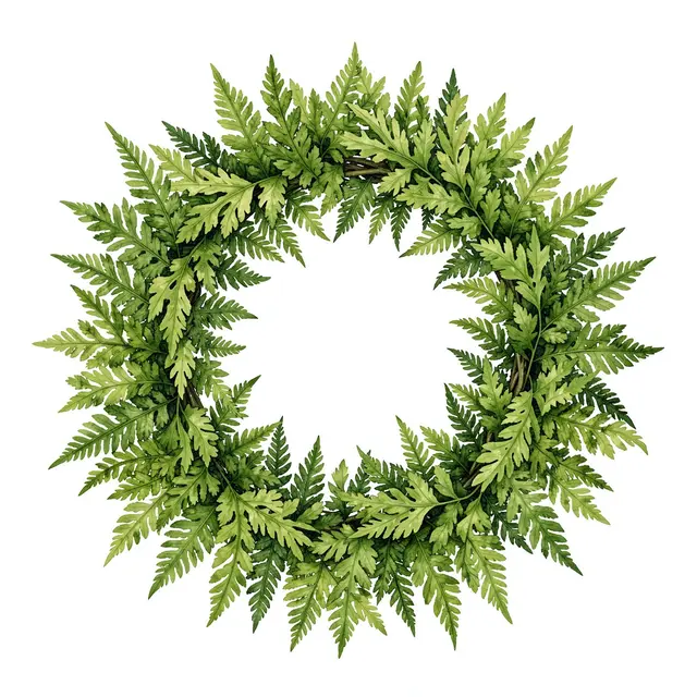 A circular botanical watercolor wreath of mixed fresh green ferns on a plain white background