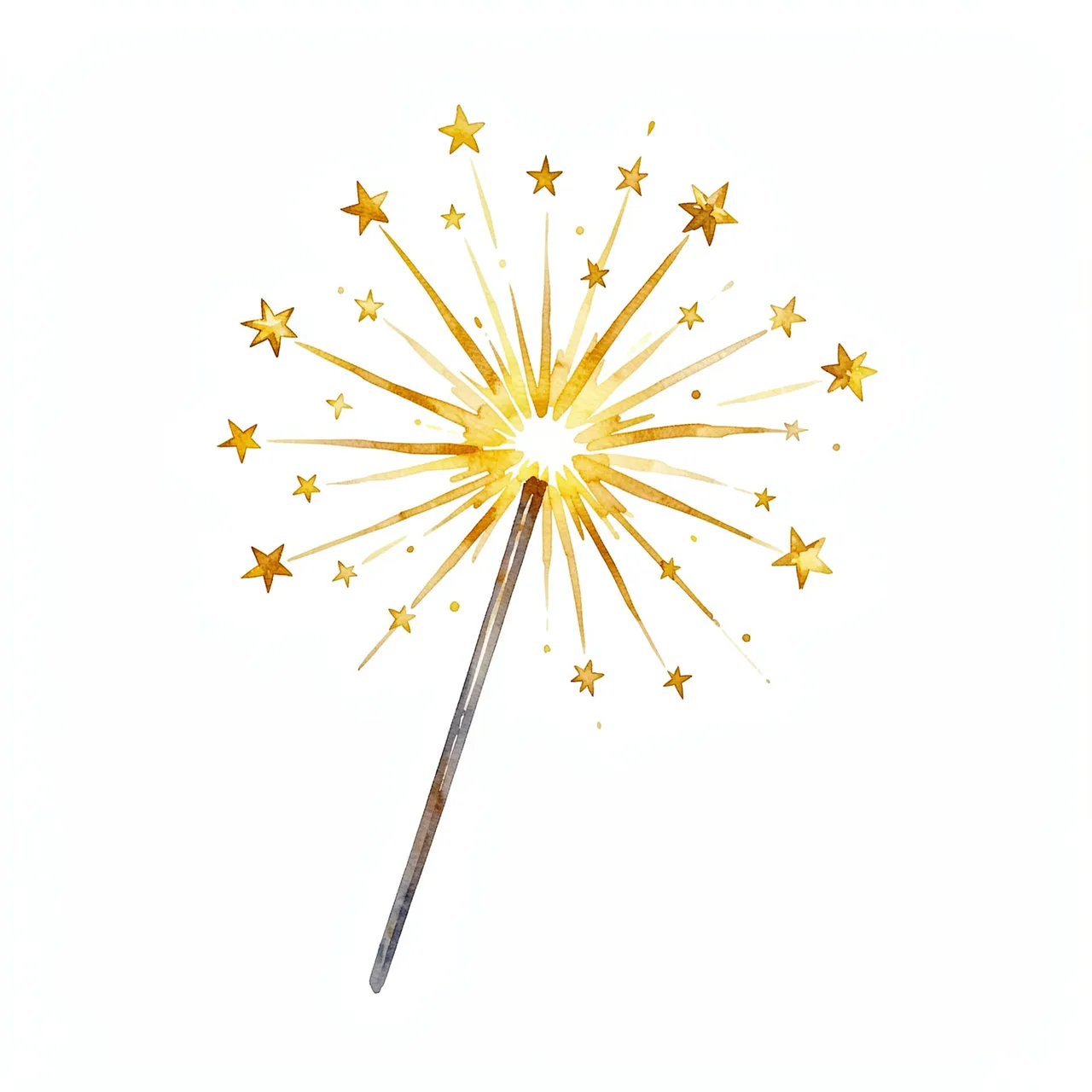 A hand-painted watercolor sparkler fizzing with golden star accents on a plain white background