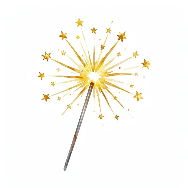 A hand-painted watercolor sparkler fizzing with golden star accents on a plain white background