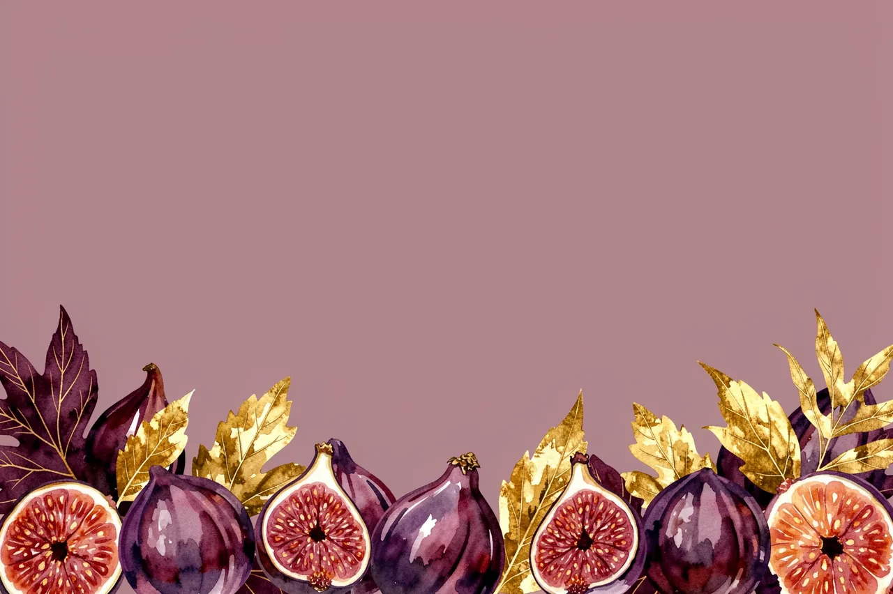 Watercolor border of whole and sliced figs, golden leaves and plum foliage along the bottom of a solid mauve background with