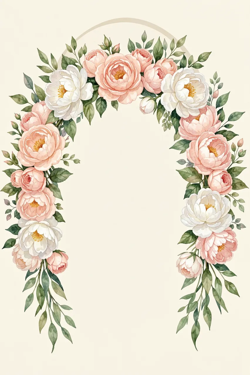 A watercolor floral arch of blush roses, white peonies and greenery frames an empty cream arched copy space.
