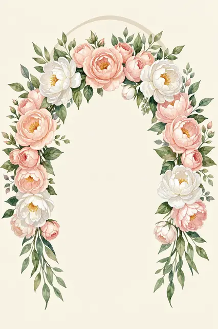 A watercolor floral arch of blush roses, white peonies and greenery frames an empty cream arched copy space.