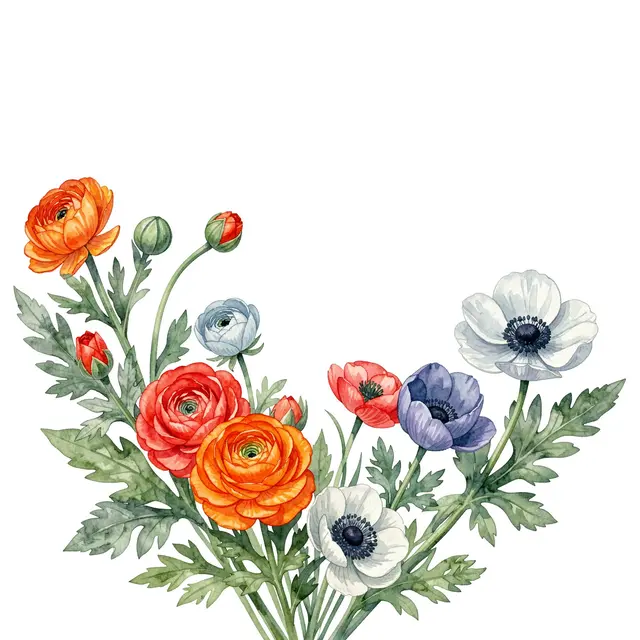 Watercolor illustration of a bottom left corner arrangement of ranunculus, anemones and dusty green foliage on a plain white
