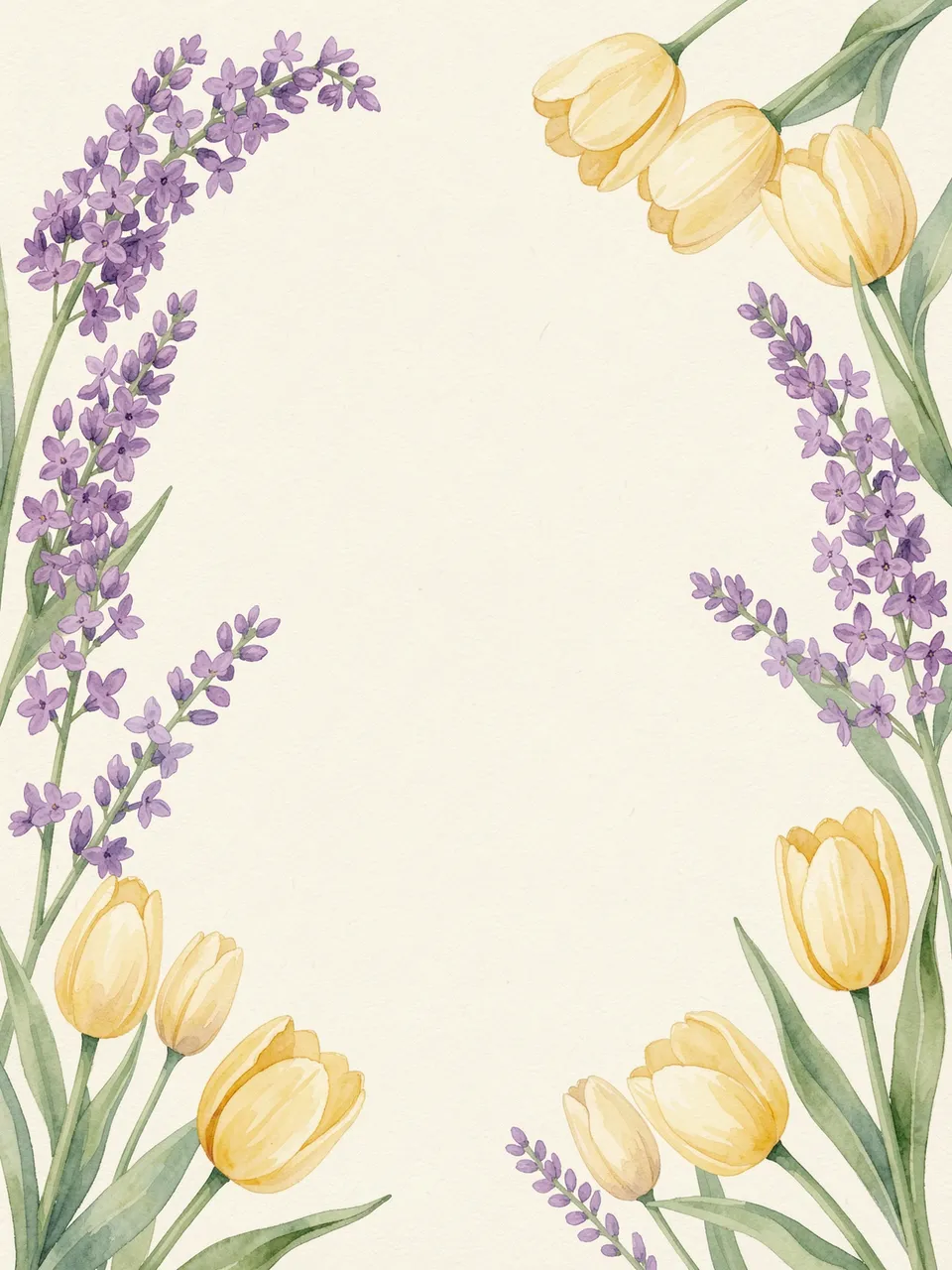 Watercolor lilac sprays and pale yellow tulips form a decorative border around blank cream paper space.