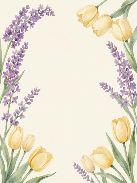 Watercolor lilac sprays and pale yellow tulips form a decorative border around blank cream paper space.