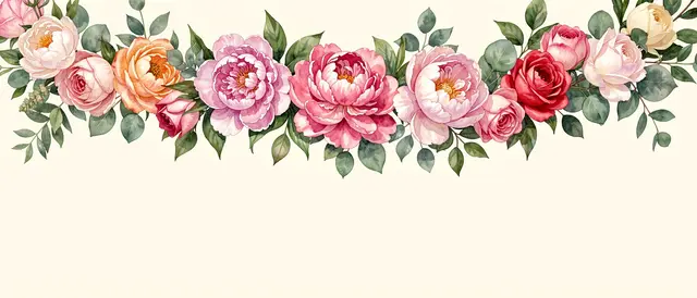 A horizontal watercolor garland of peonies, roses and eucalyptus spans the top of a soft cream background.