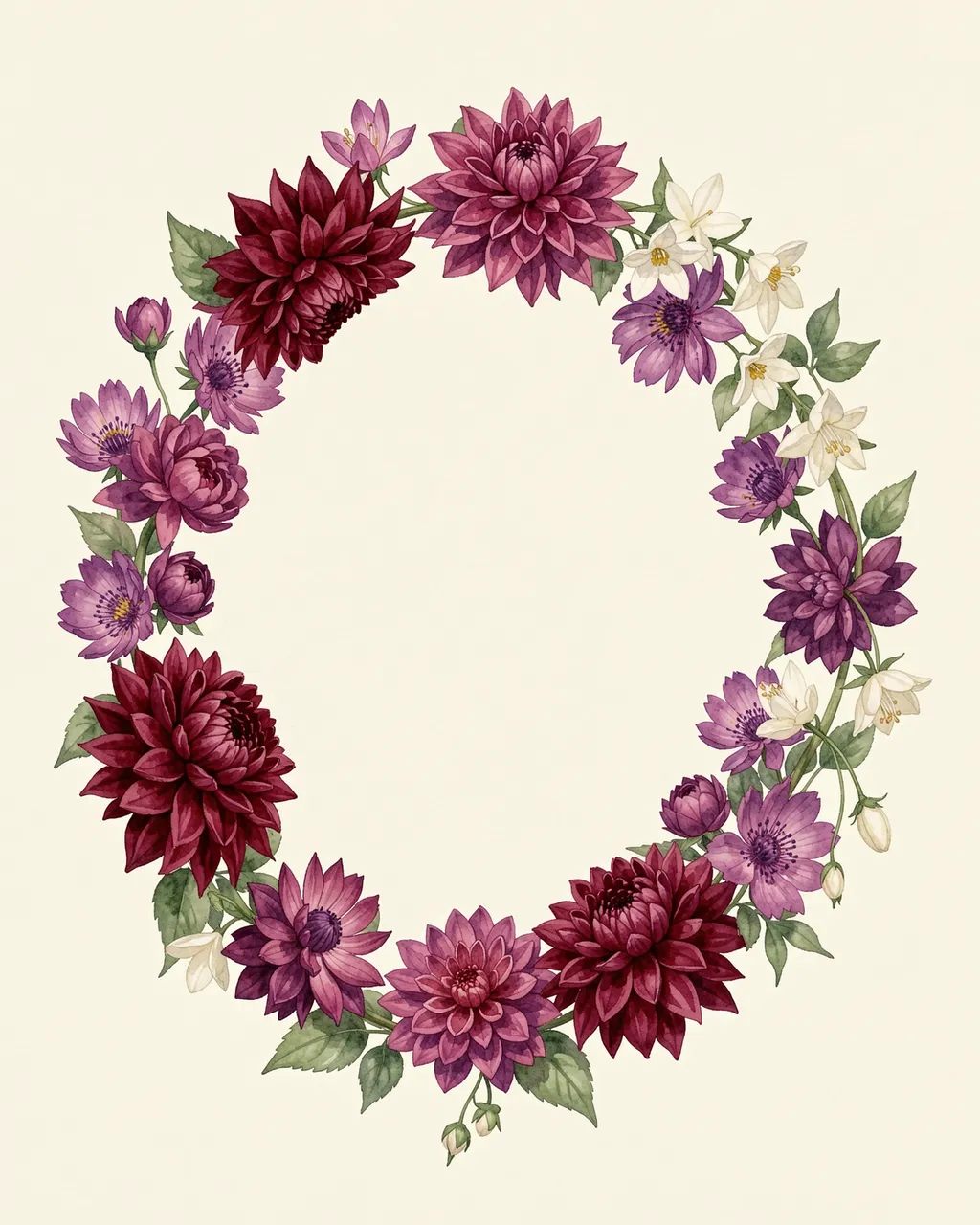 A watercolor floral oval wreath of dahlias, scabiosa and jasmine sits on a solid cream background with empty central copy