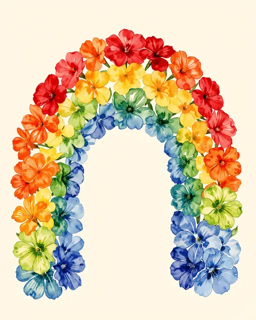 A watercolor illustration of a rainbow arch made of red, orange, yellow, green, blue flowers on a cream background