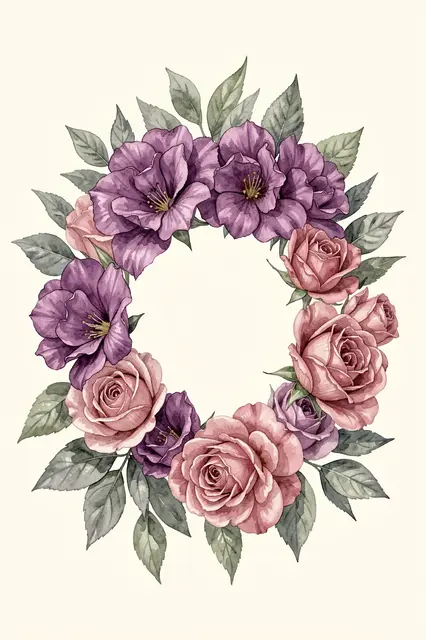 Circular watercolor wreath of mauve lisianthus, dusty pink roses and gray-green leaves on a cream background with open center