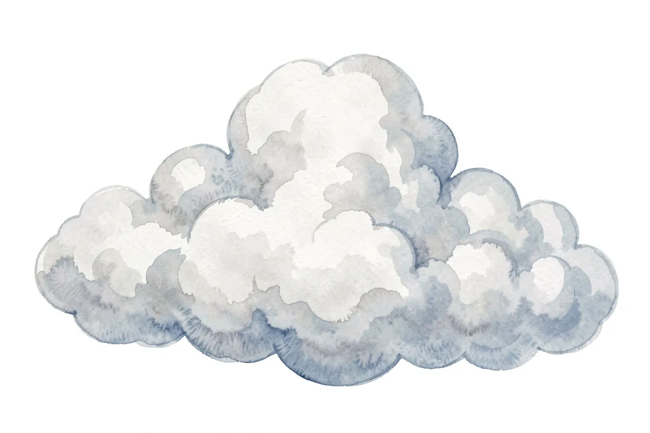Hand-painted watercolor fluffy cumulus cloud in pale grey and soft blue on a plain white background