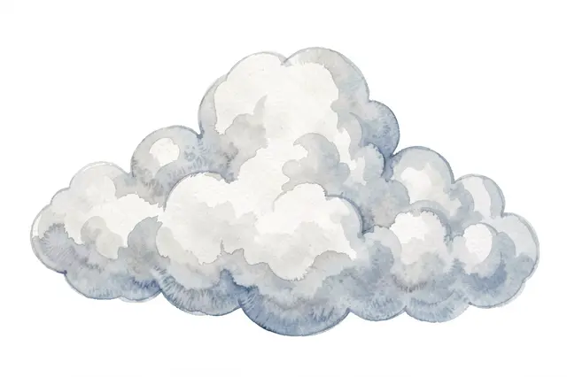 Hand-painted watercolor fluffy cumulus cloud in pale grey and soft blue on a plain white background