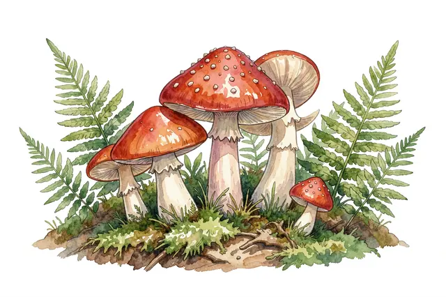 Watercolor illustration of red spotted fly agaric mushrooms growing among green ferns and moss on a white background