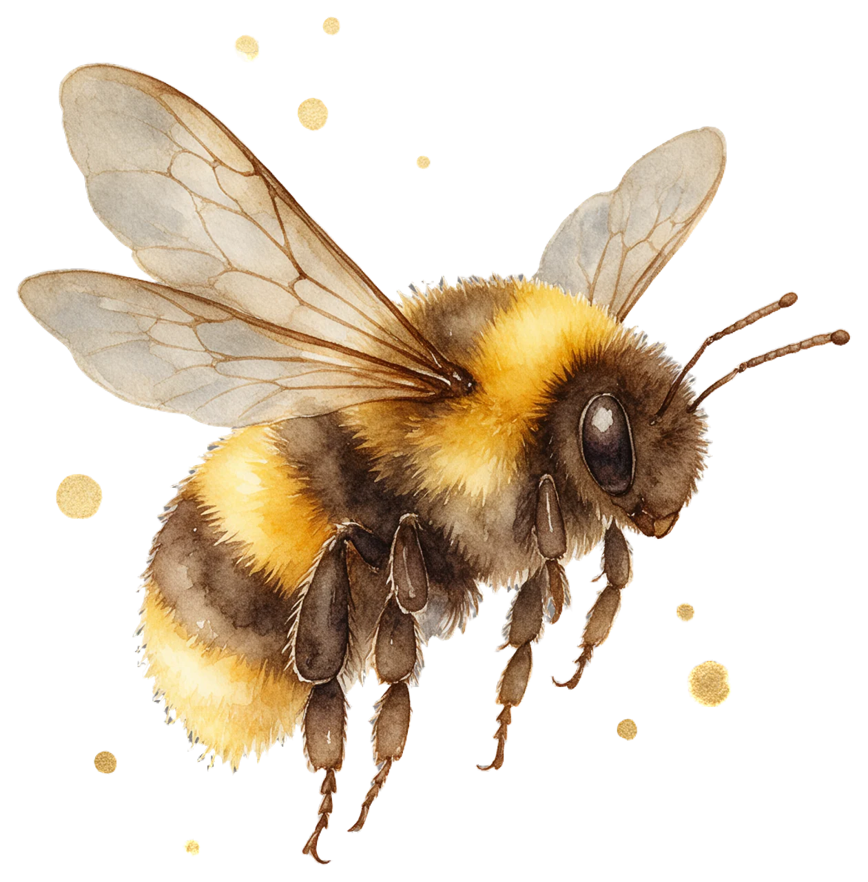 Delicate watercolor illustration of a fuzzy striped bumblebee in flight with translucent wings and scattered gold dots